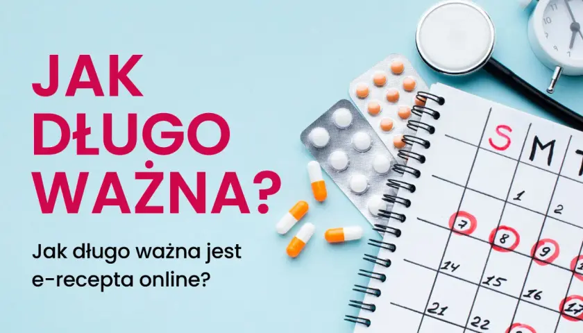 Tabletki, kalendarz z zaznaczonymi dniami, stetoskop i budzik na niebieskim tle.