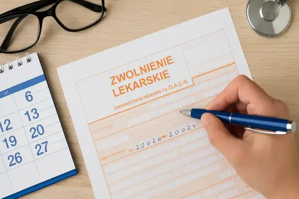 Dłoń pisze długopisem na druku zwolnienia lekarskiego obok kalendarza i okularów.